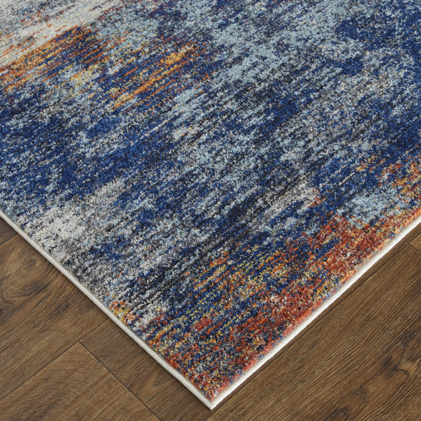 9' X 12' Ivory And Blue Abstract Power Loom Distressed Stain Resistant Area Rug