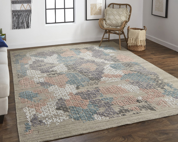 4' X 6' Pink Blue And Taupe Abstract Hand Woven Distressed Area Rug