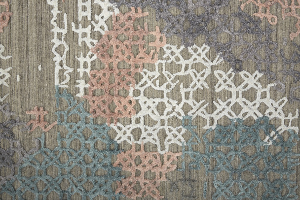 8' Pink Blue And Taupe Abstract Hand Woven Runner Rug