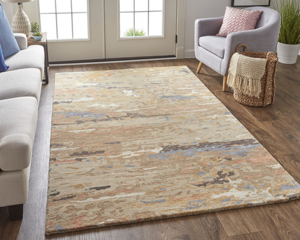 9' X 12' Tan And Blue Wool Abstract Tufted Handmade Stain Resistant Area Rug