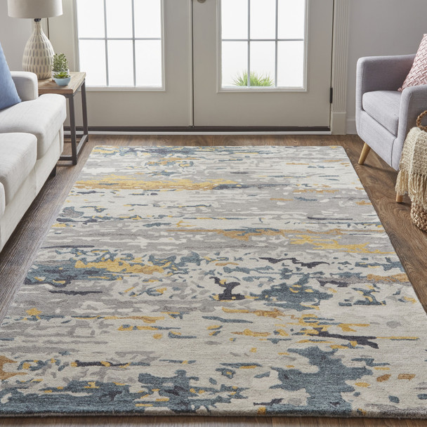 9' X 12' Gray Yellow And Blue Wool Abstract Tufted Handmade Stain Resistant Area Rug