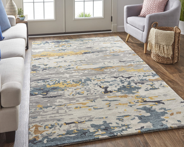 10' X 14' Gray Yellow And Blue Wool Abstract Tufted Handmade Stain Resistant Area Rug