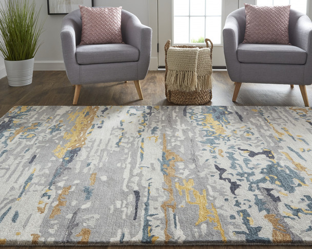 10' X 14' Gray Yellow And Blue Wool Abstract Tufted Handmade Stain Resistant Area Rug