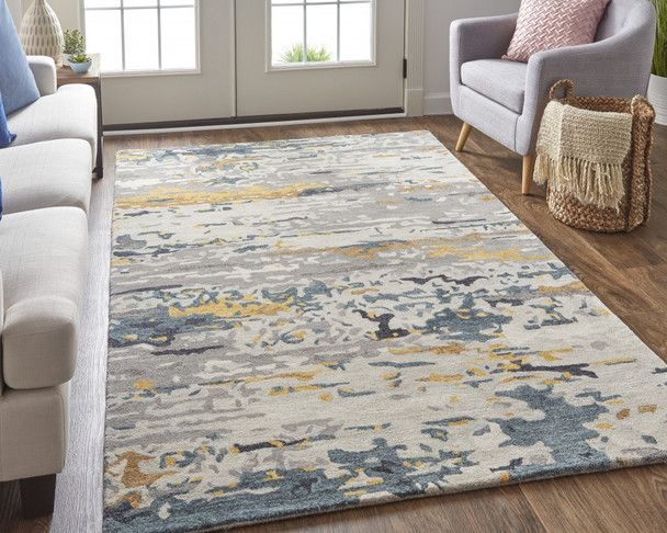 12' X 15' Gray Yellow And Blue Wool Abstract Tufted Handmade Area Rug