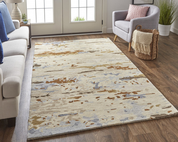 5' X 8' Ivory Blue And Brown Wool Abstract Tufted Handmade Stain Resistant Area Rug