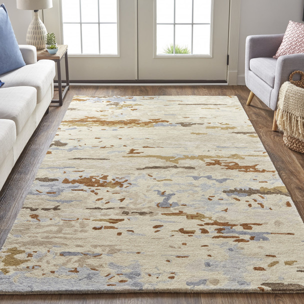 10' X 14' Ivory Blue And Brown Wool Abstract Tufted Handmade Stain Resistant Area Rug