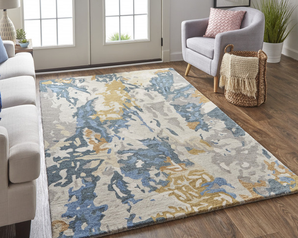 8' X 10' Gray Blue And Gold Wool Abstract Tufted Handmade Stain Resistant Area Rug