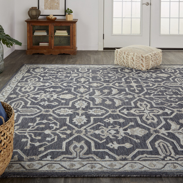9' X 12' Blue And Gray Wool Floral Tufted Handmade Stain Resistant Area Rug