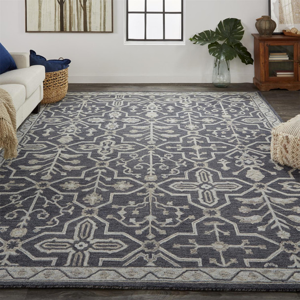10' X 14' Blue And Gray Wool Floral Tufted Handmade Stain Resistant Area Rug
