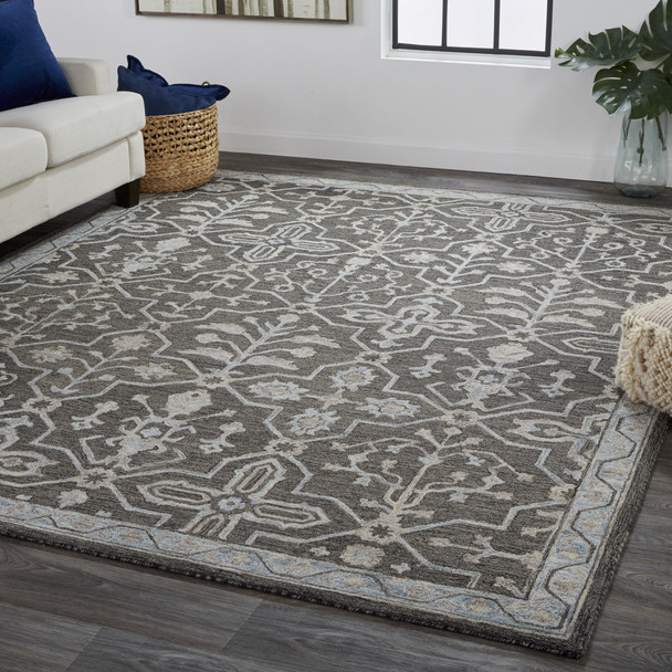8' X 10' Gray Blue And Ivory Wool Floral Tufted Handmade Stain Resistant Area Rug