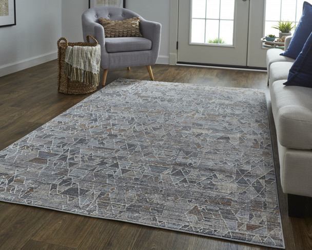 8' X 10' Gray Blue And Orange Abstract Power Loom Distressed Stain Resistant Area Rug