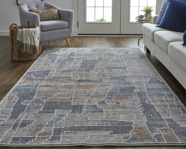 9' X 12' Blue Gray And Orange Geometric Power Loom Stain Resistant Area Rug