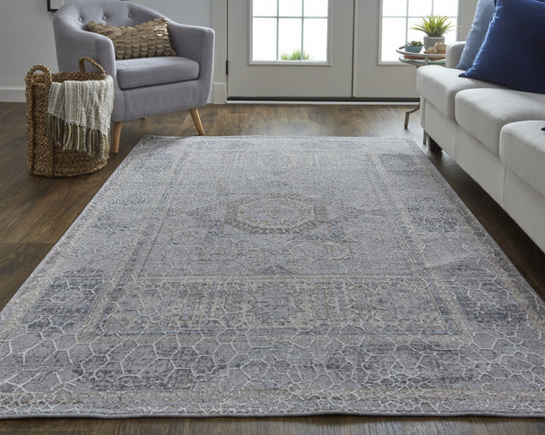 12' X 15' Gray And Ivory Floral Power Loom Distressed Stain Resistant Area Rug