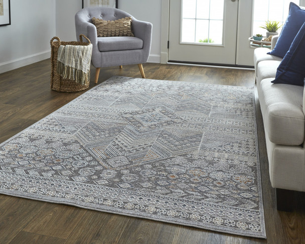 12' X 15' Ivory And Gray Geometric Power Loom Distressed Stain Resistant Area Rug