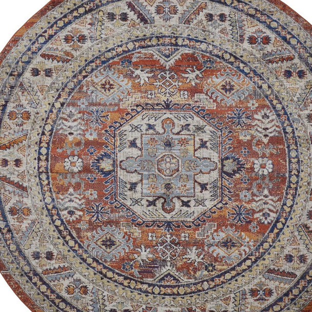 8' Red Orange And Ivory Round Floral Stain Resistant Area Rug