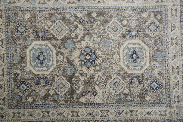 9' X 12' Gray Brown And Blue Floral Stain Resistant Area Rug