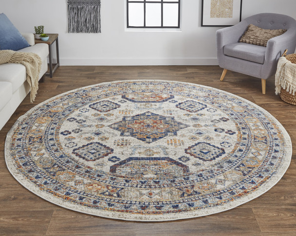 8' Ivory Orange And Blue Round Floral Stain Resistant Area Rug