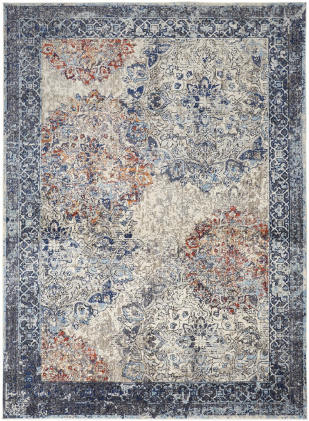 9' X 12' Blue Ivory And Red Floral Power Loom Distressed Stain Resistant Area Rug