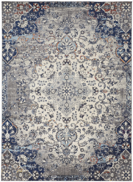 9' X 12' Ivory Gray And Blue Floral Power Loom Distressed Stain Resistant Area Rug
