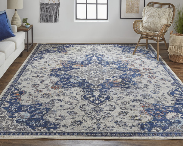 9' X 12' Gray Ivory And Blue Floral Power Loom Distressed Stain Resistant Area Rug