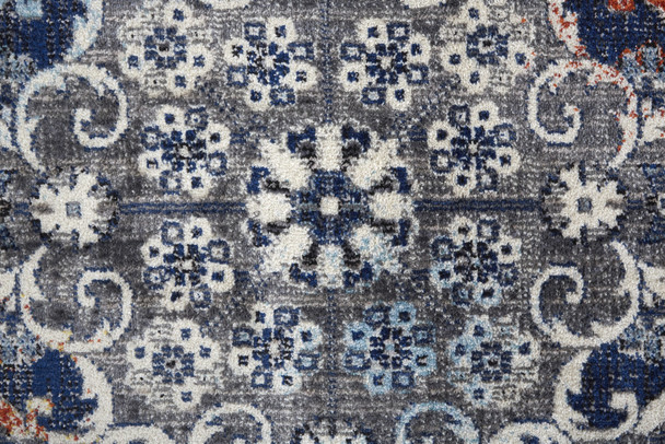 8' Gray Ivory And Blue Floral Power Loom Distressed Stain Resistant Runner Rug