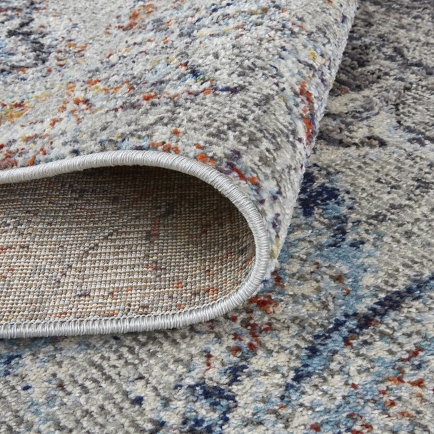 8' Ivory Taupe And Blue Floral Power Loom Distressed Stain Resistant Runner Rug