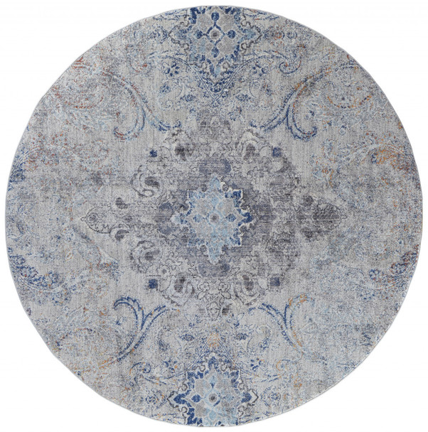 8' Ivory Taupe And Blue Round Floral Power Loom Distressed Stain Resistant Area Rug