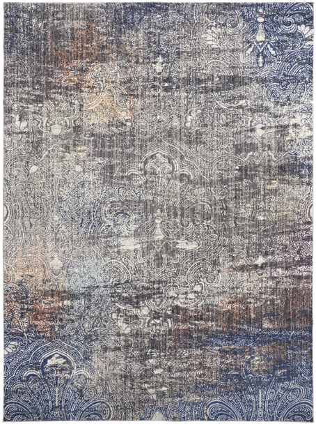 9' X 12' Taupe Blue And Ivory Abstract Power Loom Distressed Stain Resistant Area Rug