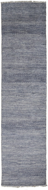 10' Blue And Gray Wool Striped Hand Knotted Runner Rug