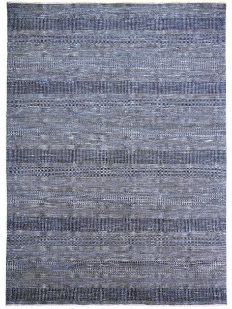 12' X 15' Blue And Silver Wool Striped Hand Knotted Area Rug