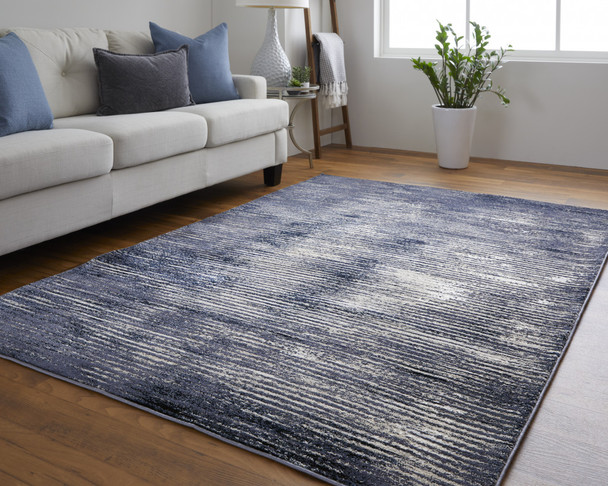 4' X 6' Blue Gray And Ivory Striped Power Loom Distressed Area Rug