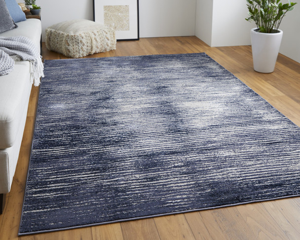 7' X 10' Blue Gray And Ivory Striped Power Loom Distressed Area Rug