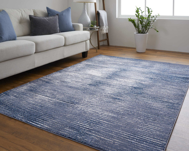 10' X 13' Blue Gray And Ivory Striped Power Loom Distressed Area Rug