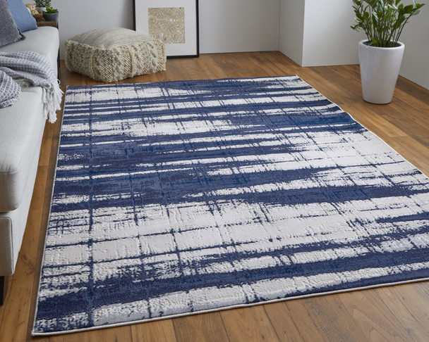 12' X 15' Ivory Blue And Gray Abstract Power Loom Distressed Area Rug