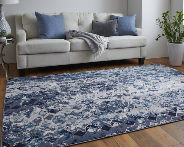 9' X 12' Blue Ivory And Gray Geometric Power Loom Distressed Area Rug