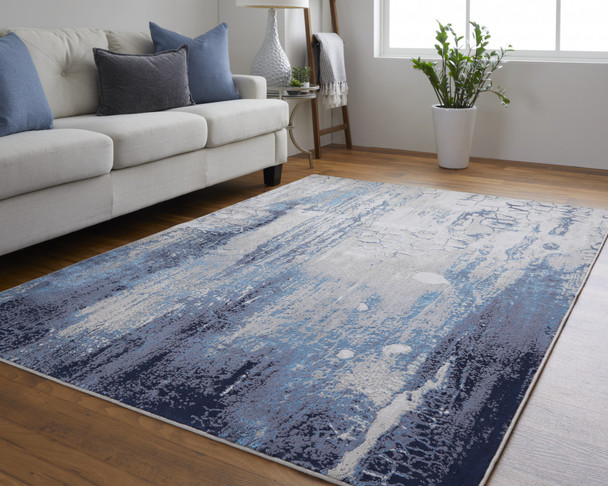 8' X 10' Ivory Blue And Black Abstract Power Loom Distressed Area Rug