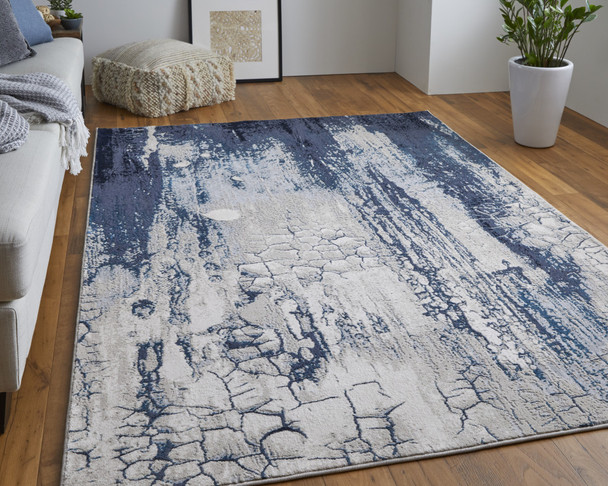 8' X 10' Ivory Blue And Black Abstract Power Loom Distressed Area Rug