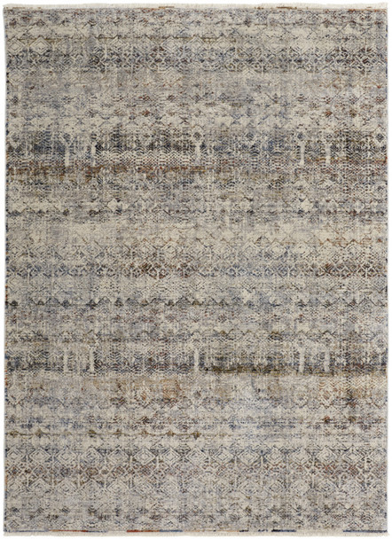 12' X 15' Tan Ivory And Blue Geometric Power Loom Distressed Area Rug With Fringe