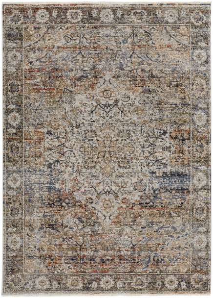 10' X 13' Tan Orange And Blue Floral Power Loom Distressed Area Rug With Fringe