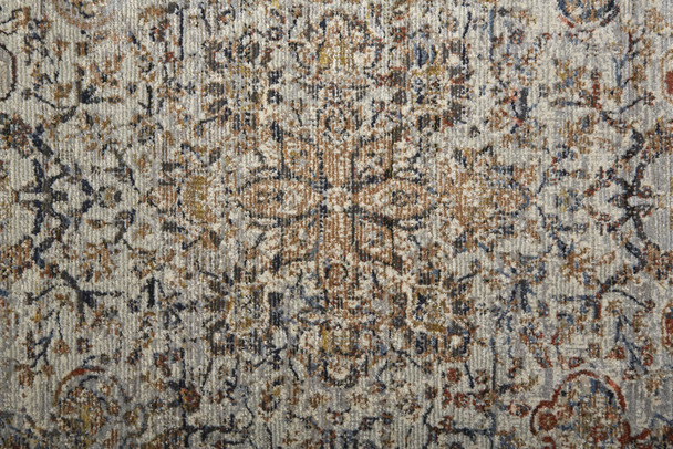 10' Tan Orange And Blue Floral Power Loom Distressed Runner Rug With Fringe