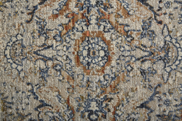 10' Tan Blue And Orange Floral Power Loom Distressed Runner Rug With Fringe