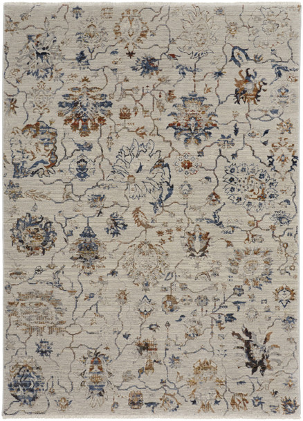 10' X 13' Ivory Orange And Blue Floral Power Loom Distressed Area Rug With Fringe