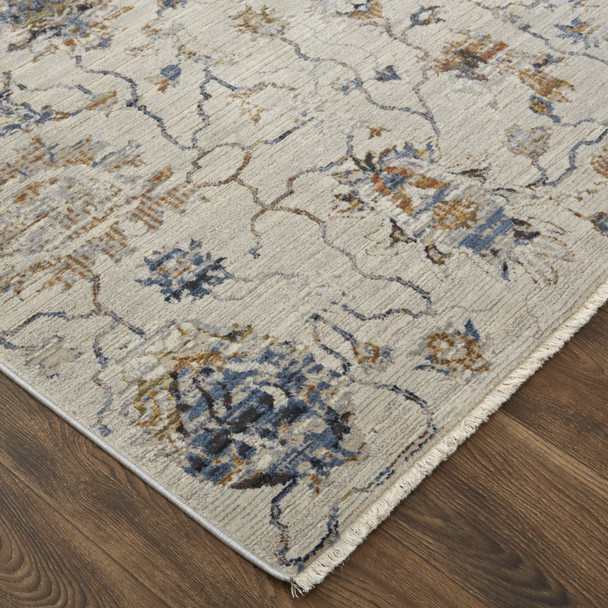 10' X 13' Ivory Orange And Blue Floral Power Loom Distressed Area Rug With Fringe
