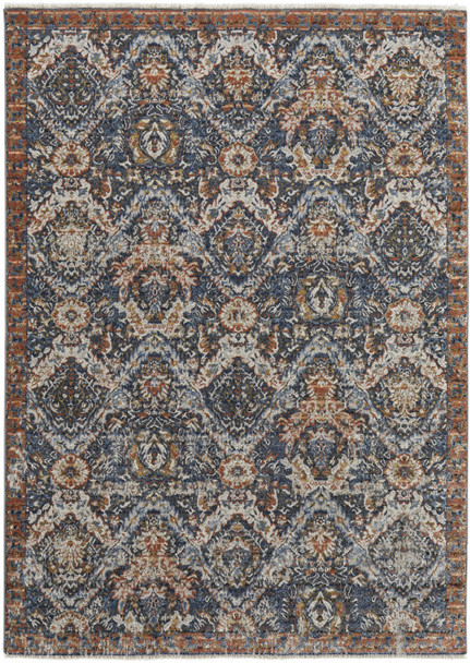 8' X 10' Blue Orange And Ivory Floral Power Loom Area Rug With Fringe
