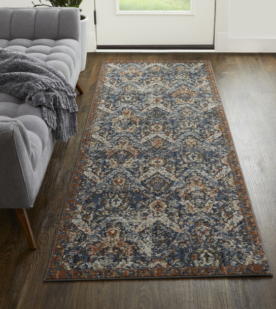 8' Blue Orange And Ivory Floral Power Loom Runner Rug With Fringe