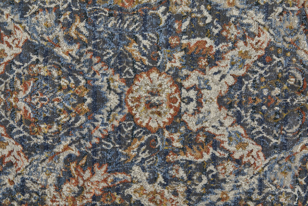 8' Blue Orange And Ivory Floral Power Loom Runner Rug With Fringe