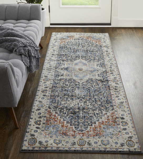 12' Ivory Blue And Red Floral Power Loom Runner Rug With Fringe