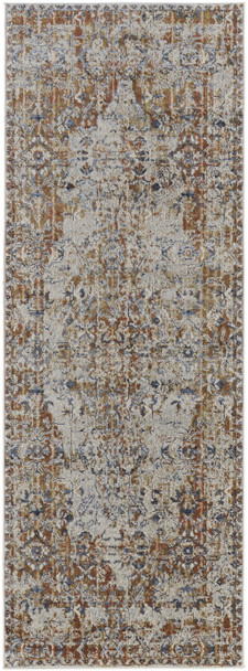 8' Tan Ivory And Orange Floral Power Loom Runner Rug With Fringe