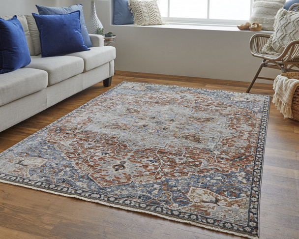 12' X 15' Orange Ivory And Blue Floral Power Loom Area Rug With Fringe