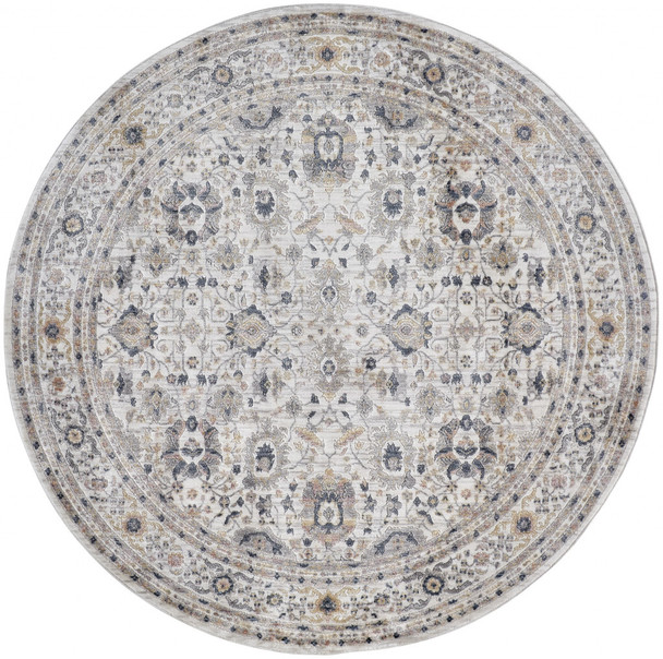 6' Tan Ivory And Blue Round Floral Stain Resistant Area Rug